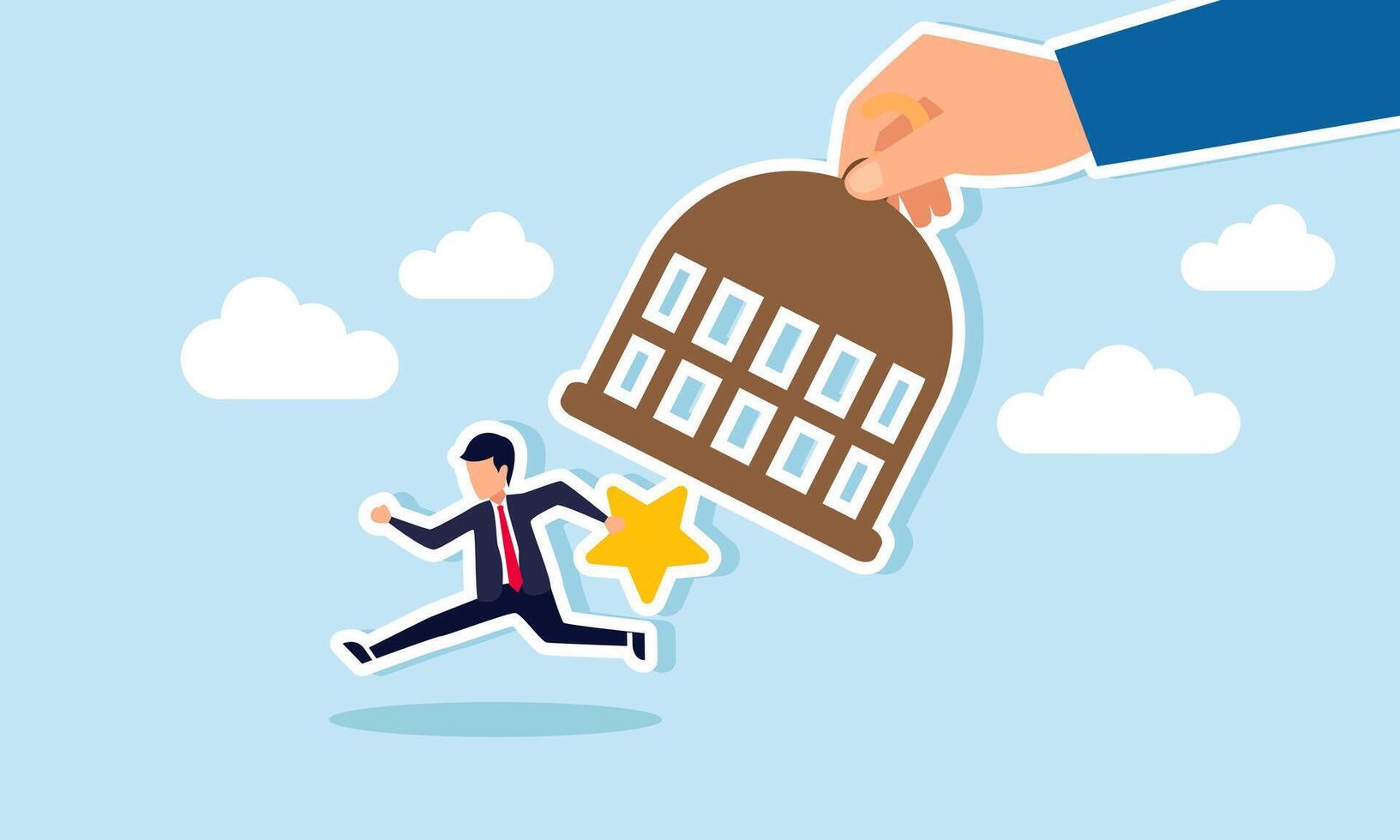 A hand opens a drum trap and frees a businessman carrying a star, illustration of freedom in improving business rating and quality vector