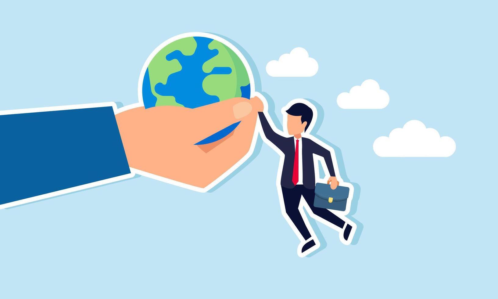 A businessman hanging and holding onto a hand gripping a globe, illustration of idealism in sticking to an old, nearly unused business model trend vector
