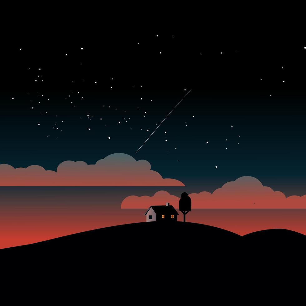 Starry night landscape with a house vector