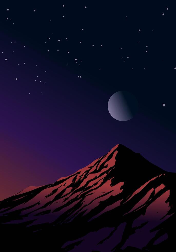 Mountain peak illustration with moon and stars vector