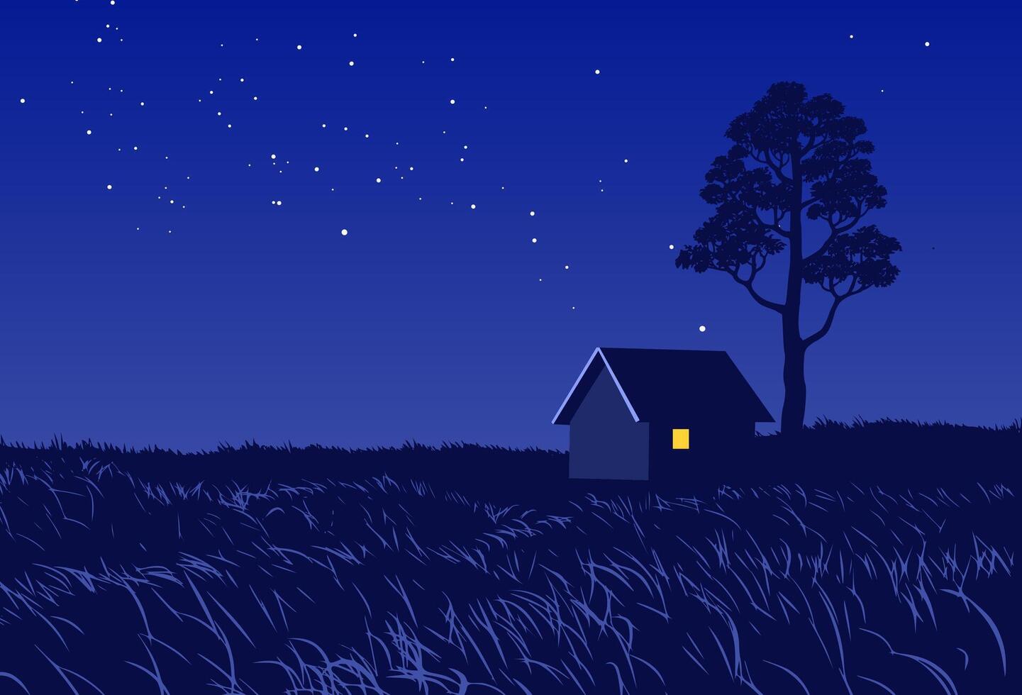 Night landscape with a house and a tree vector