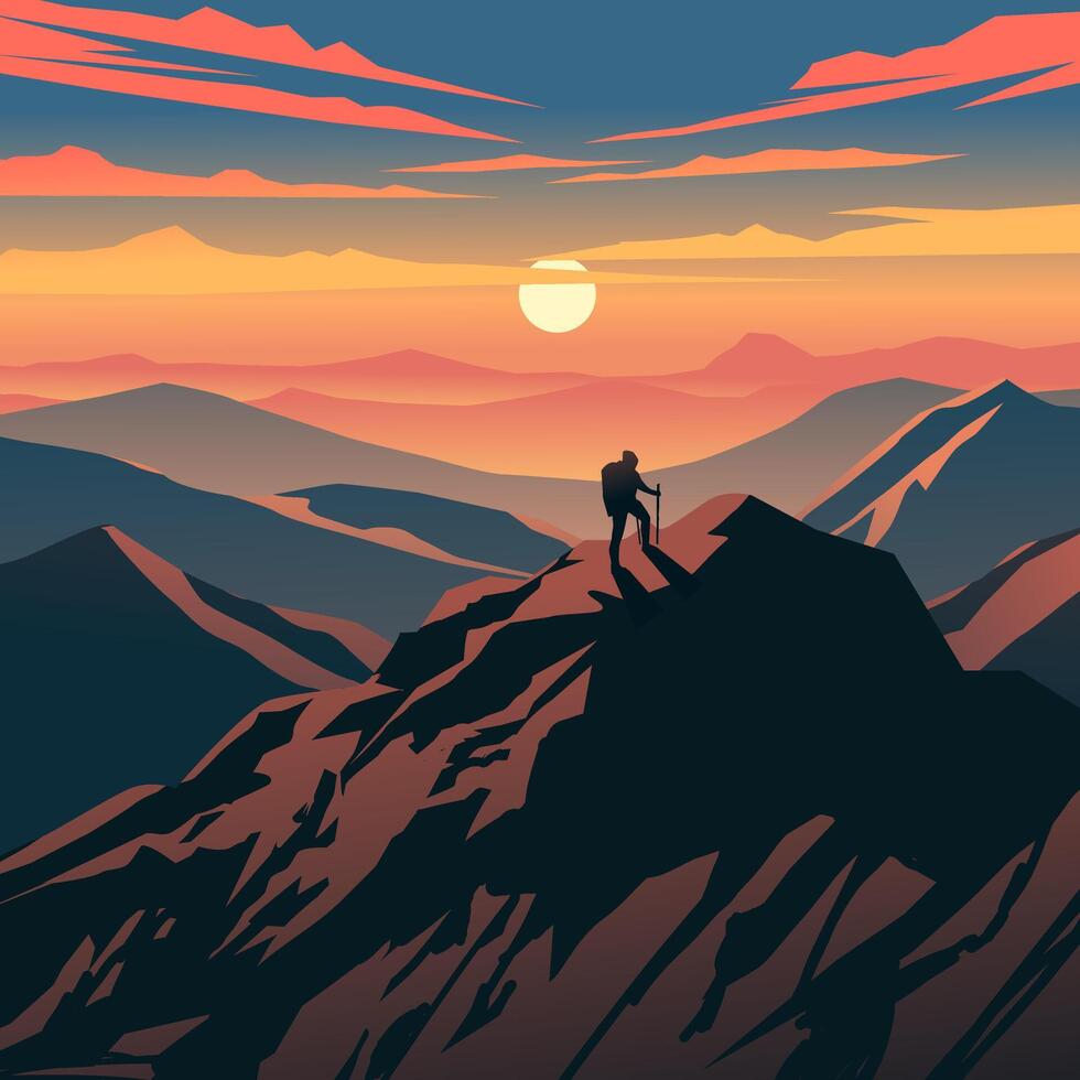 Mountain climbing illustration. Backpacker on the top of the mountain vector