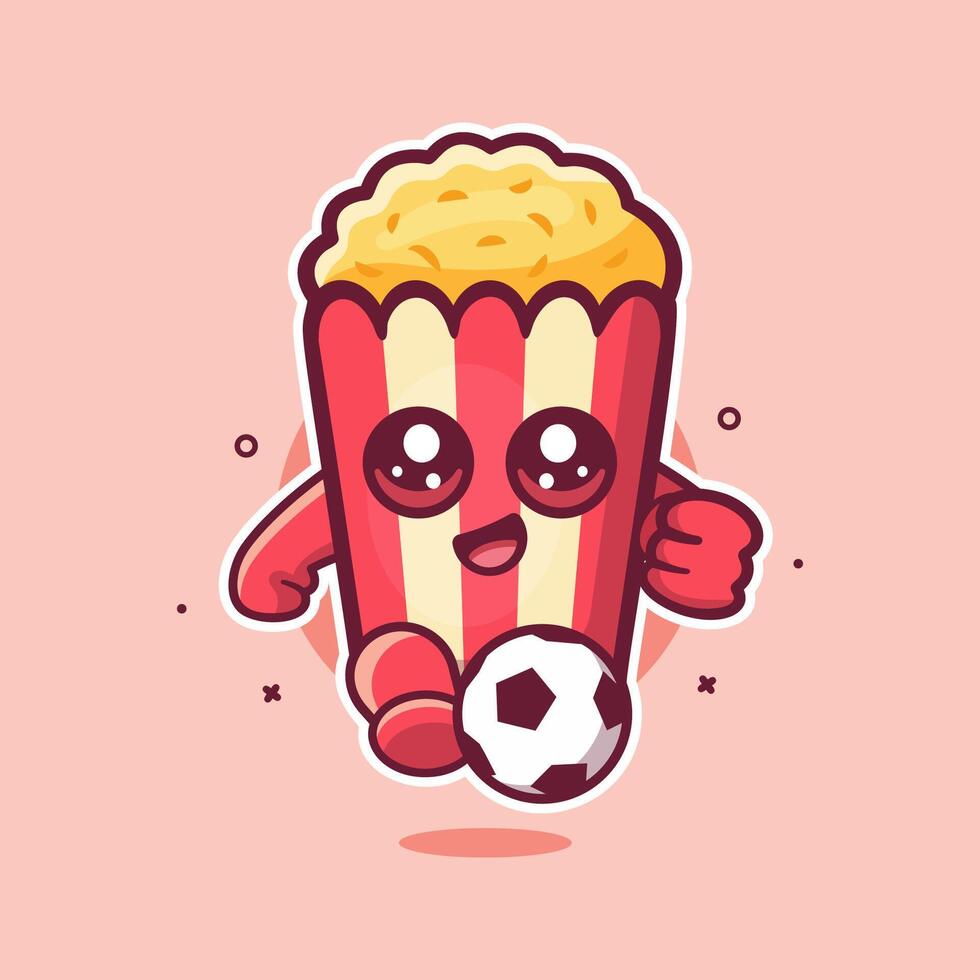 cheerful popcorn food character mascot playing football isolated cartoon vector