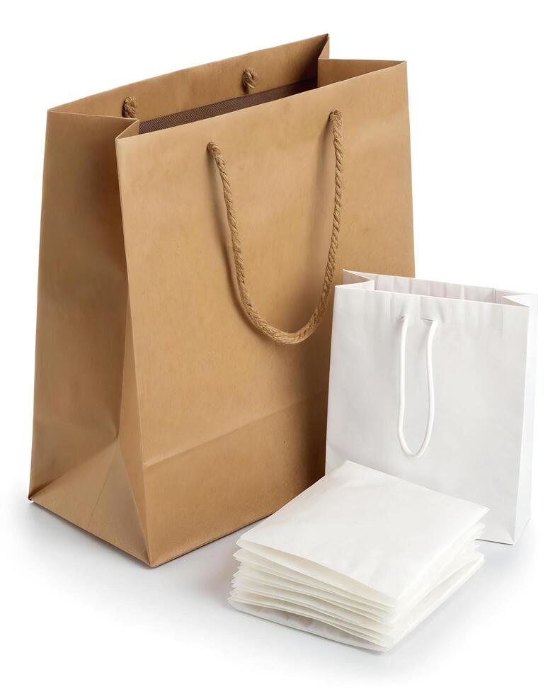 Paper bag. Kraft paper shopping bag. Brown folded paper bag with handle. Empty grocery paper bag photo