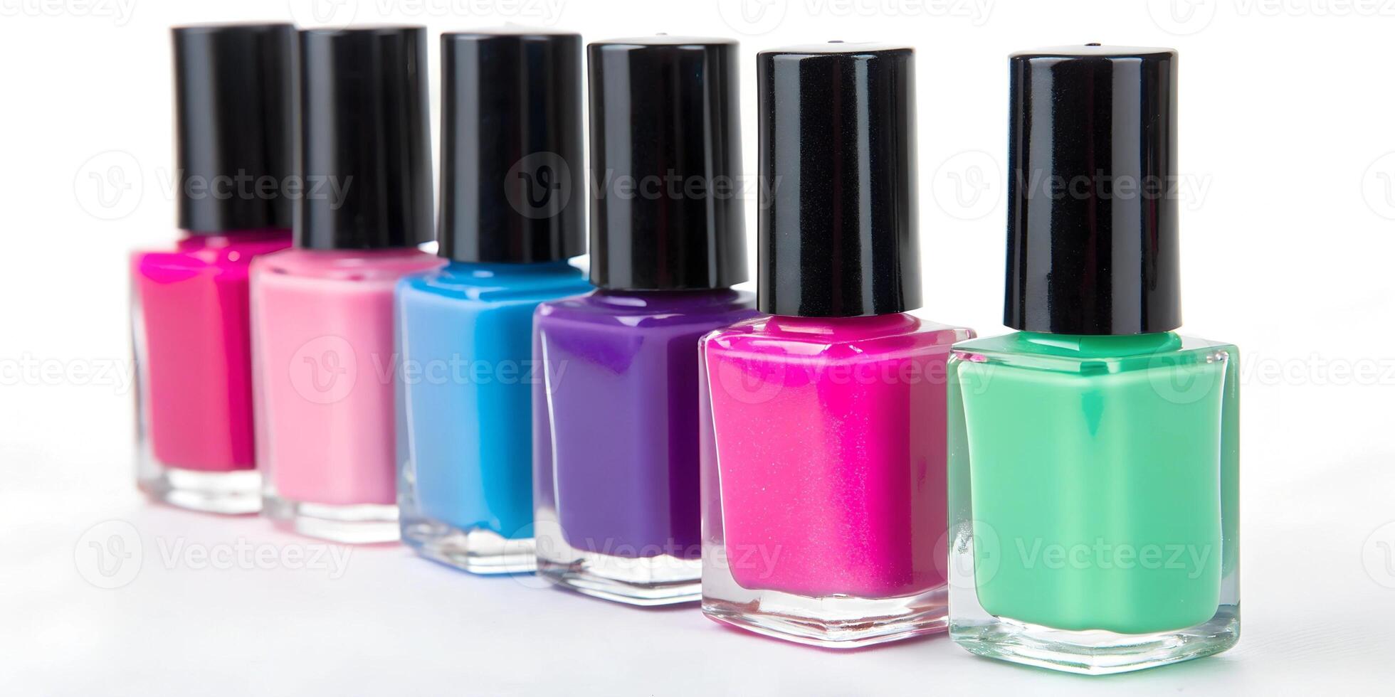 Nail polishes in bottles on color background, flat lay. Space for text photo