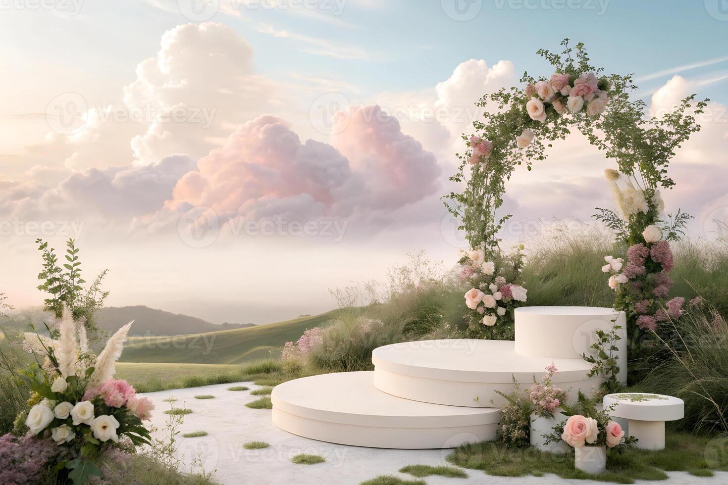 Surreal podium outdoor on blue sky soft white clouds with space.Beauty cosmetic product placement pedestal photo