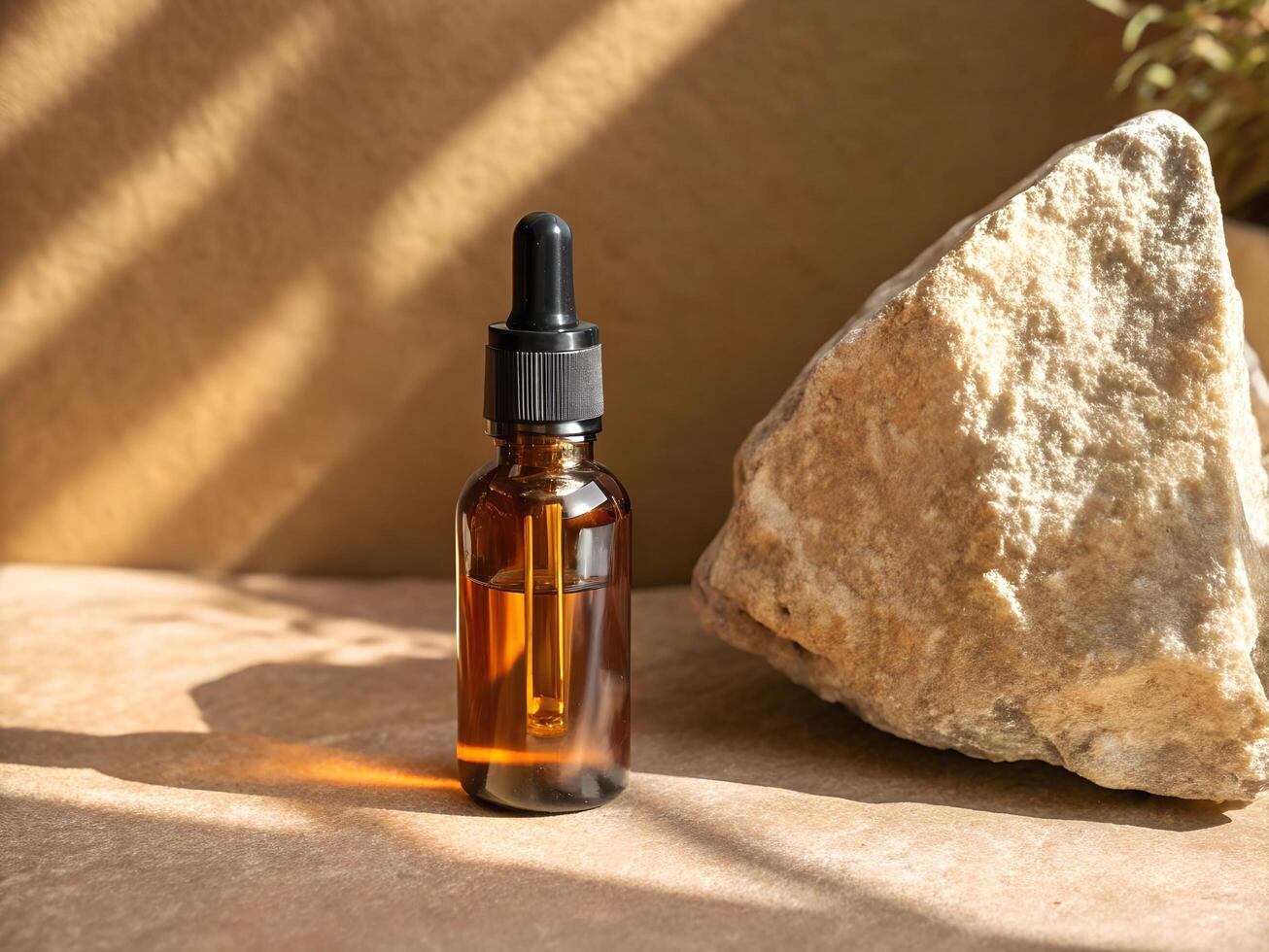 Scene with amber bottle without label mockup photo
