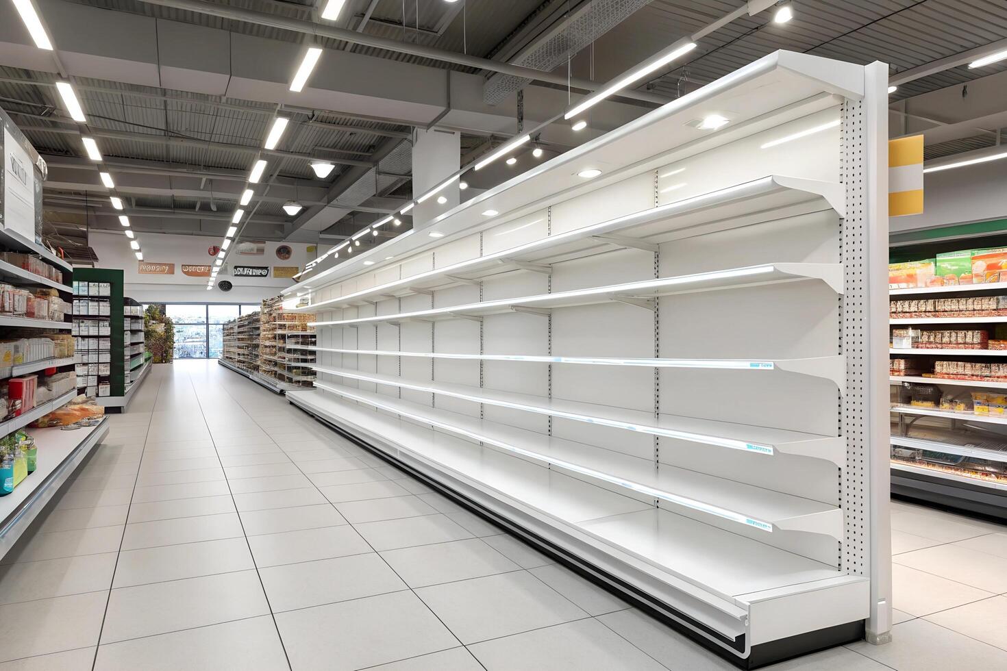 An aisle with shelves full of food products is seen in a Marks and Spencer supermarket photo