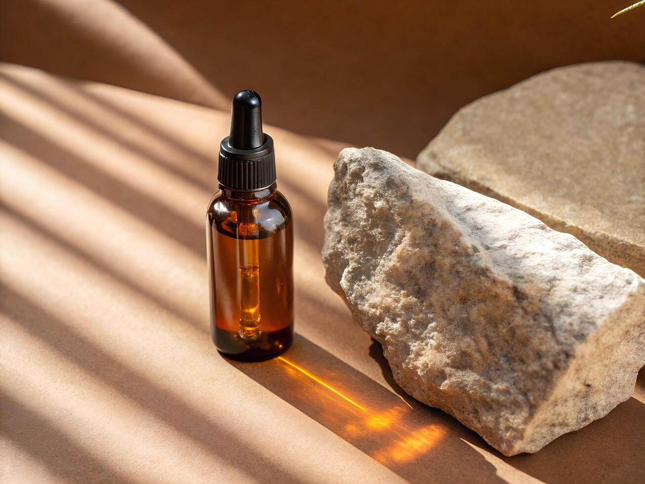 Scene with amber bottle without label mockup photo