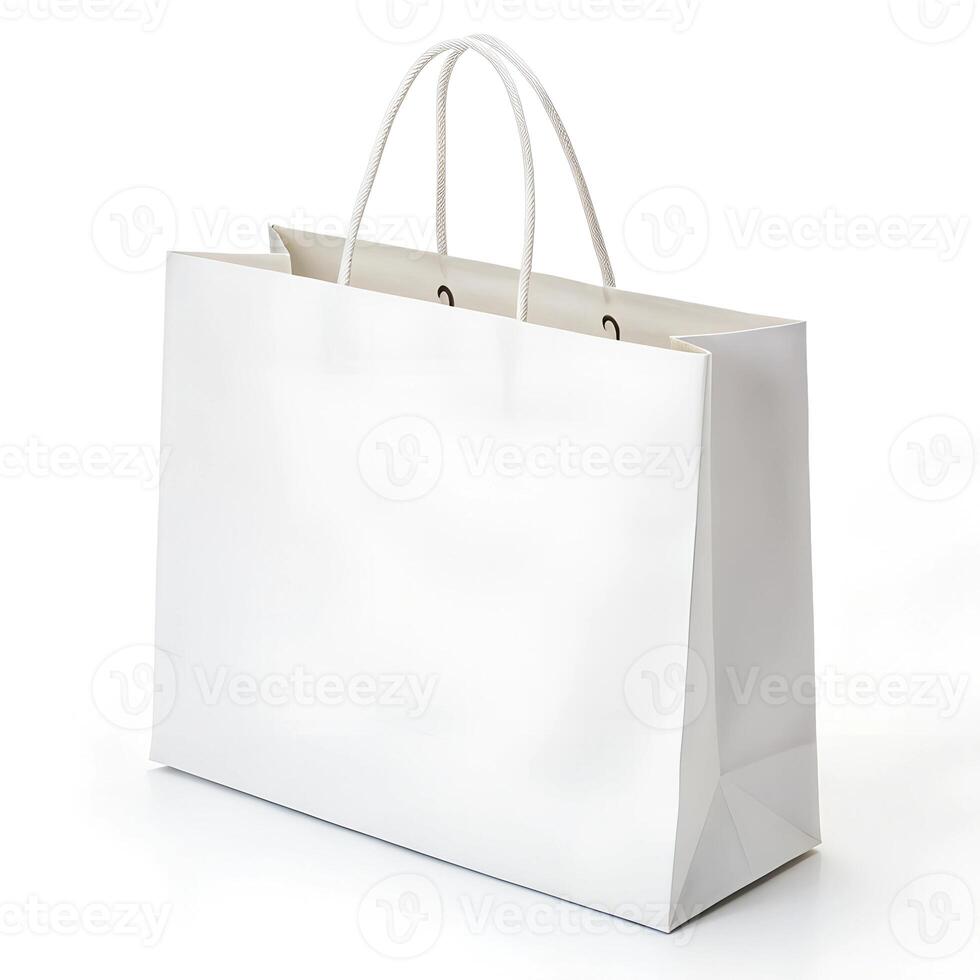 Paper bag. Kraft paper shopping bag. Brown folded paper bag with handle. Empty grocery paper bag photo