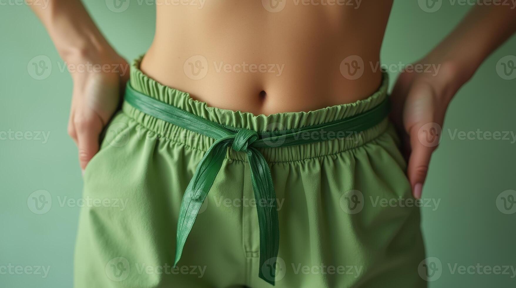 Close-up of a woman's waist wearing green pants with a leaf-inspired belt tied in a bow, symbolizing nature, style, and sustainability photo