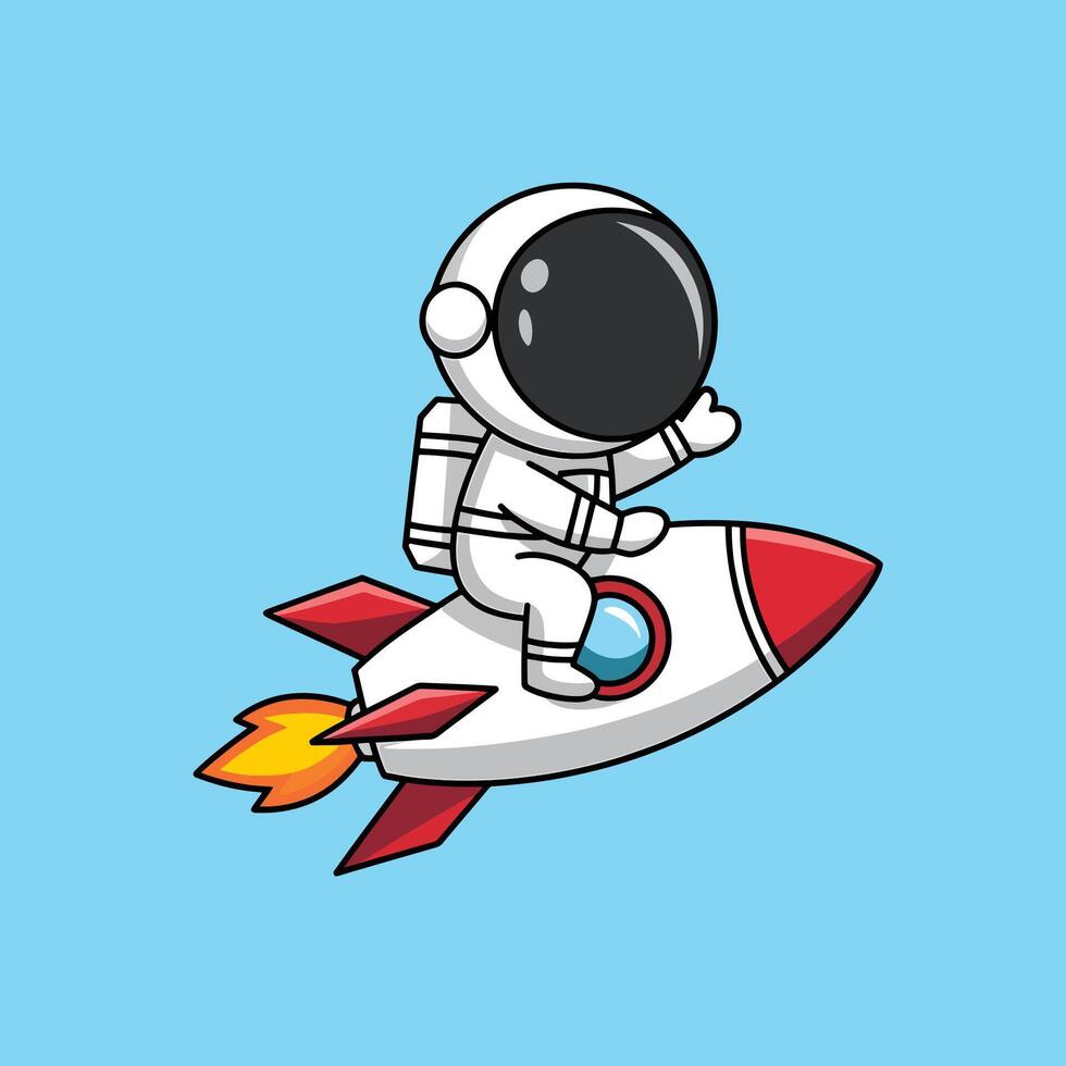 Cute Astronaut Riding Rocket And Waving Hand Cartoon Icon Illustration. Science Technology Icon Concept vector