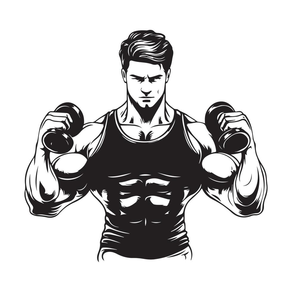 Muscular Man in Black Tank Top Lifting Dumbbells image isolated on white background vector