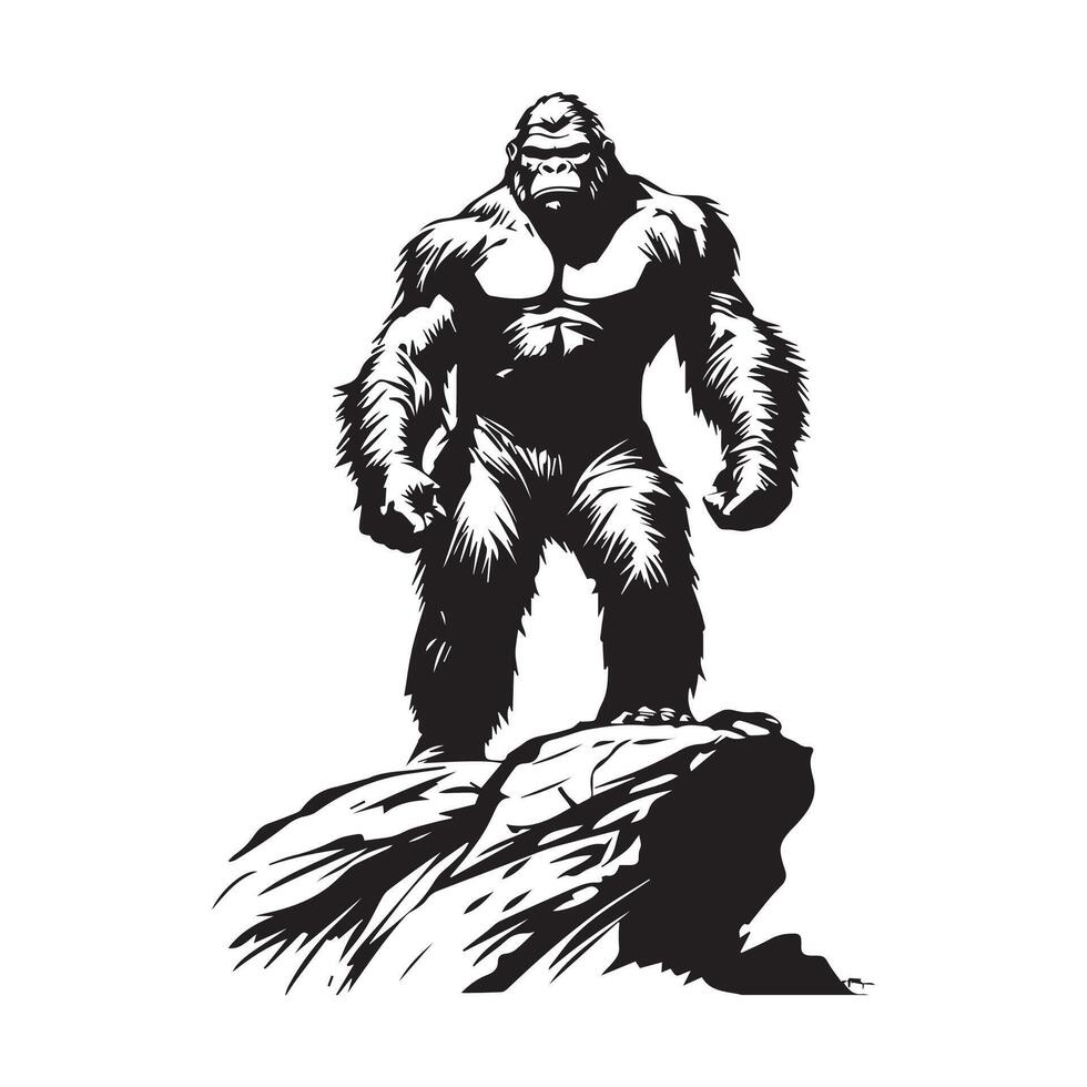 Black and white Gorilla standing on a rock stock image illustration isolated on white background. vector