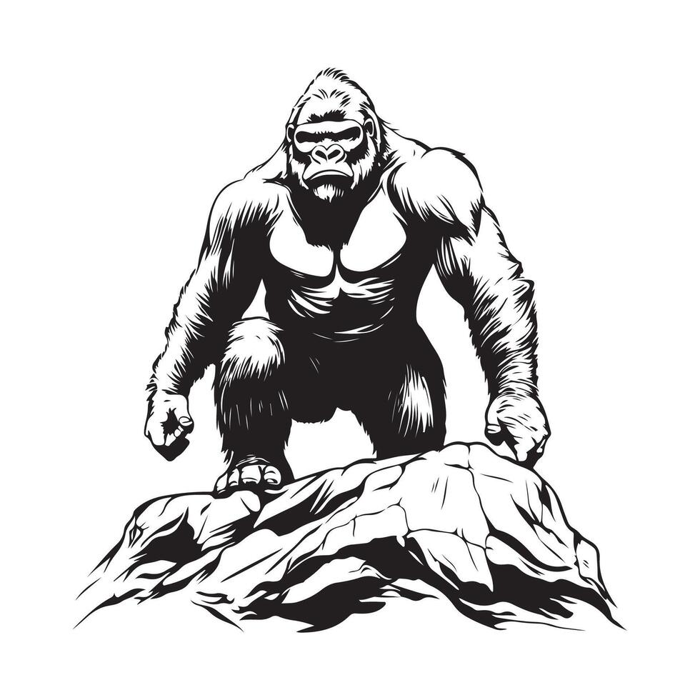 Strong Gorilla standing on a rock stock image illustration isolated on white background. vector