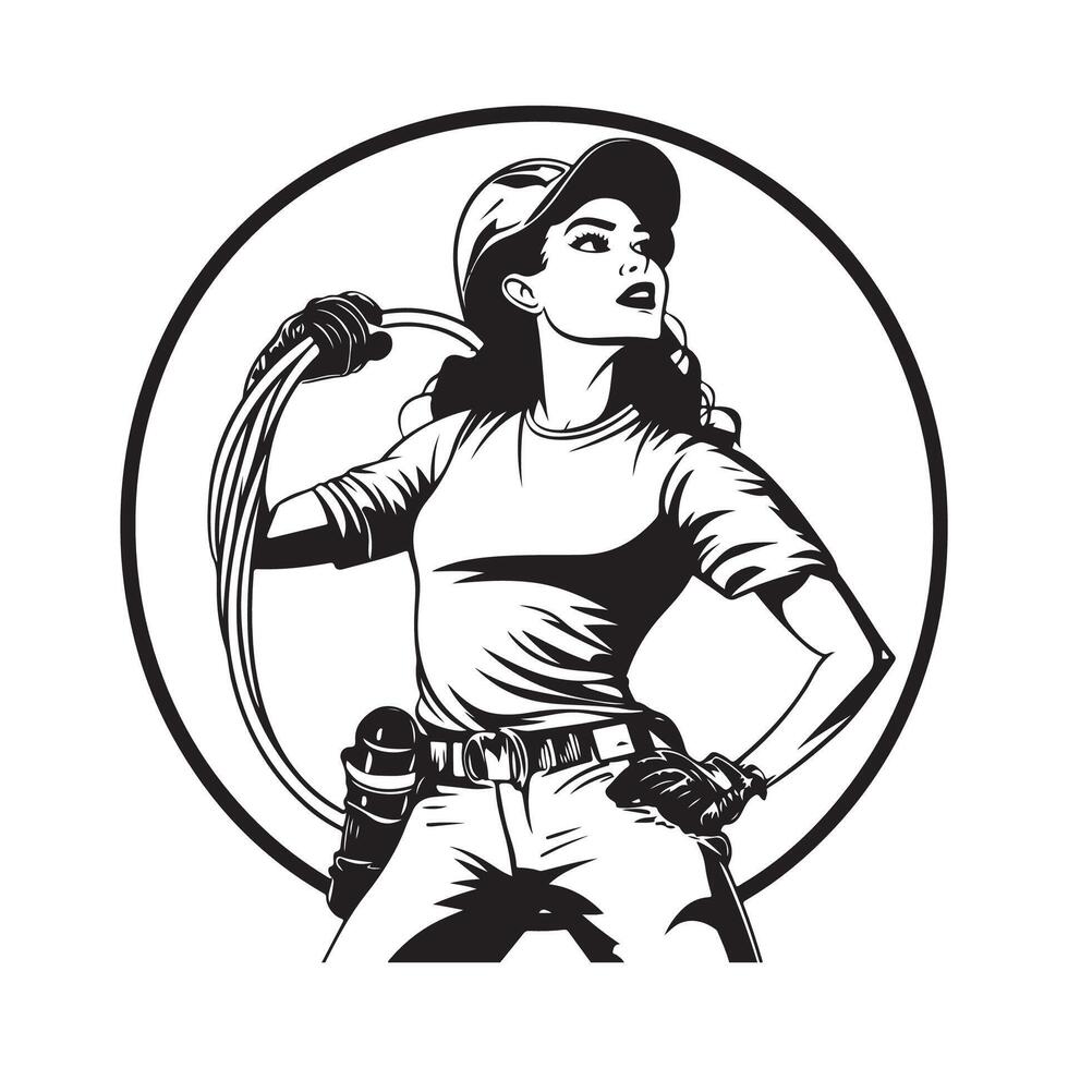 Construction worker woman carrying cable design images on white background. vector