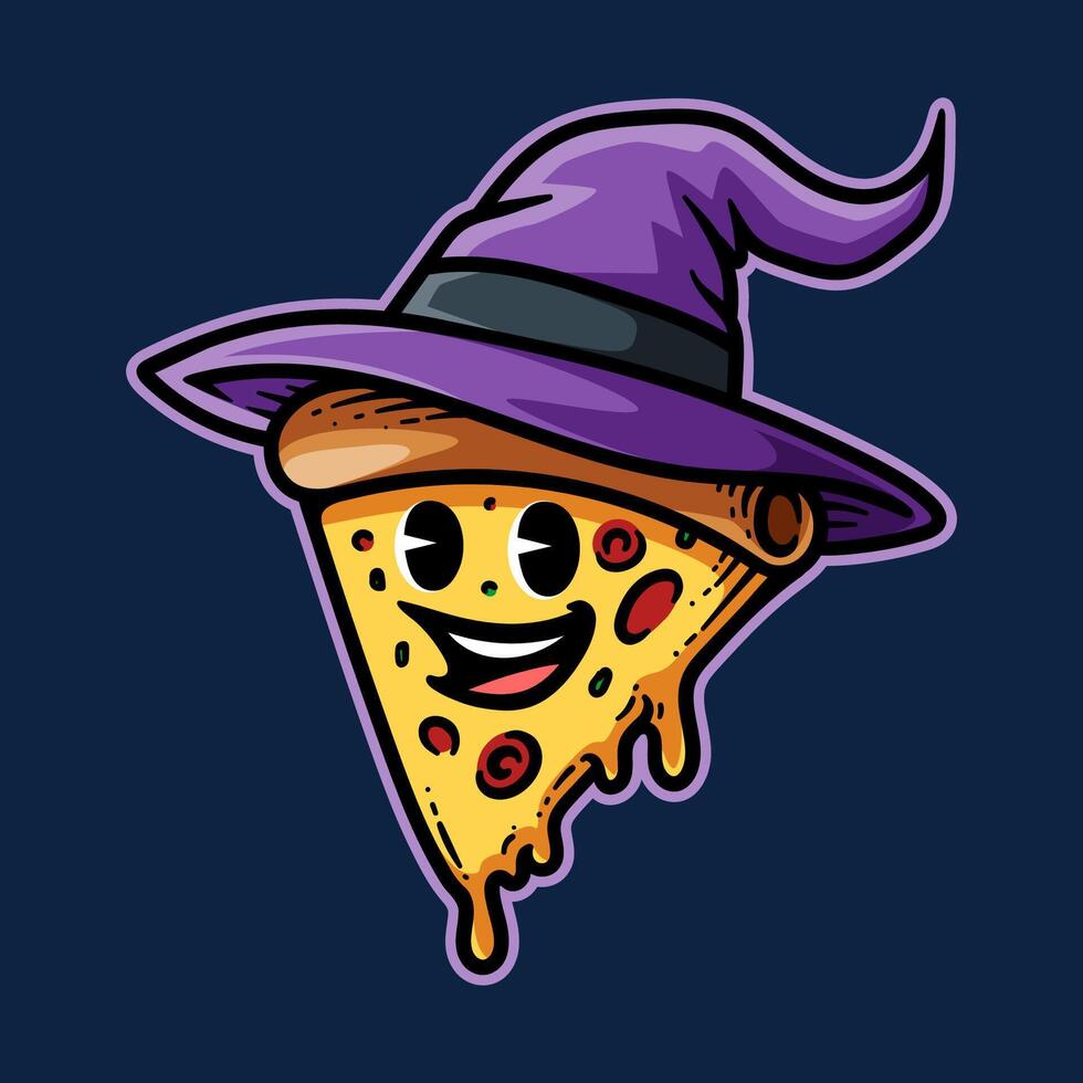 fun cartoon of sliced pizza with witch hat isolated colored drawing line art style sketch classic vintage design illustration vector