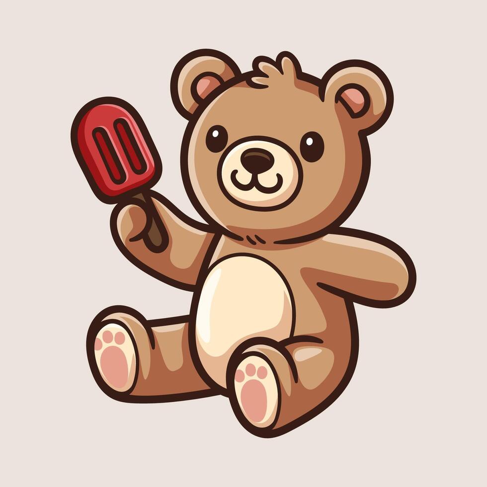 cute teddy bear hold ice cream cartoon isolated colored drawing line art style sketch classic vintage design illustration vector