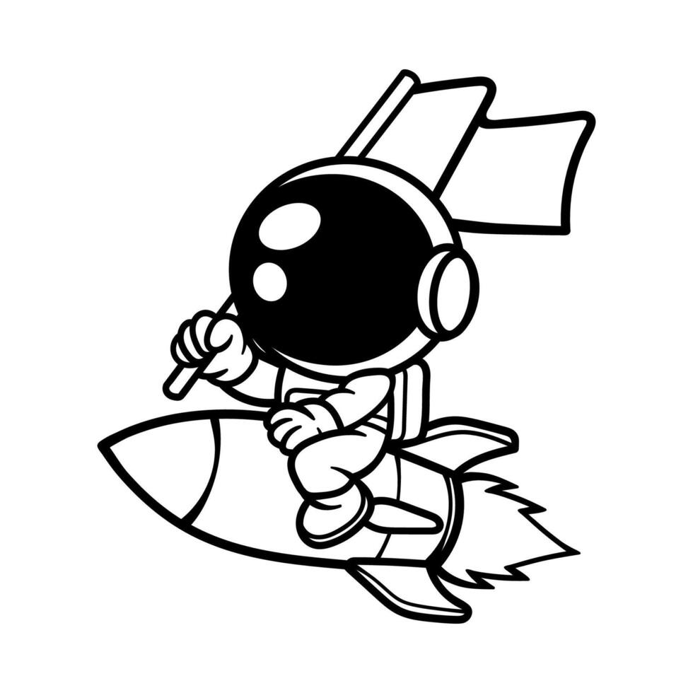 fun cartoon astronaut riding rocket hold a flag isolated drawing line art style sketch classic vintage design illustration vector