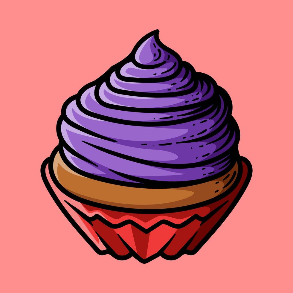 blueberry cupcake with cream cartoon isolated colored drawing line art style sketch classic vintage design illustration vector