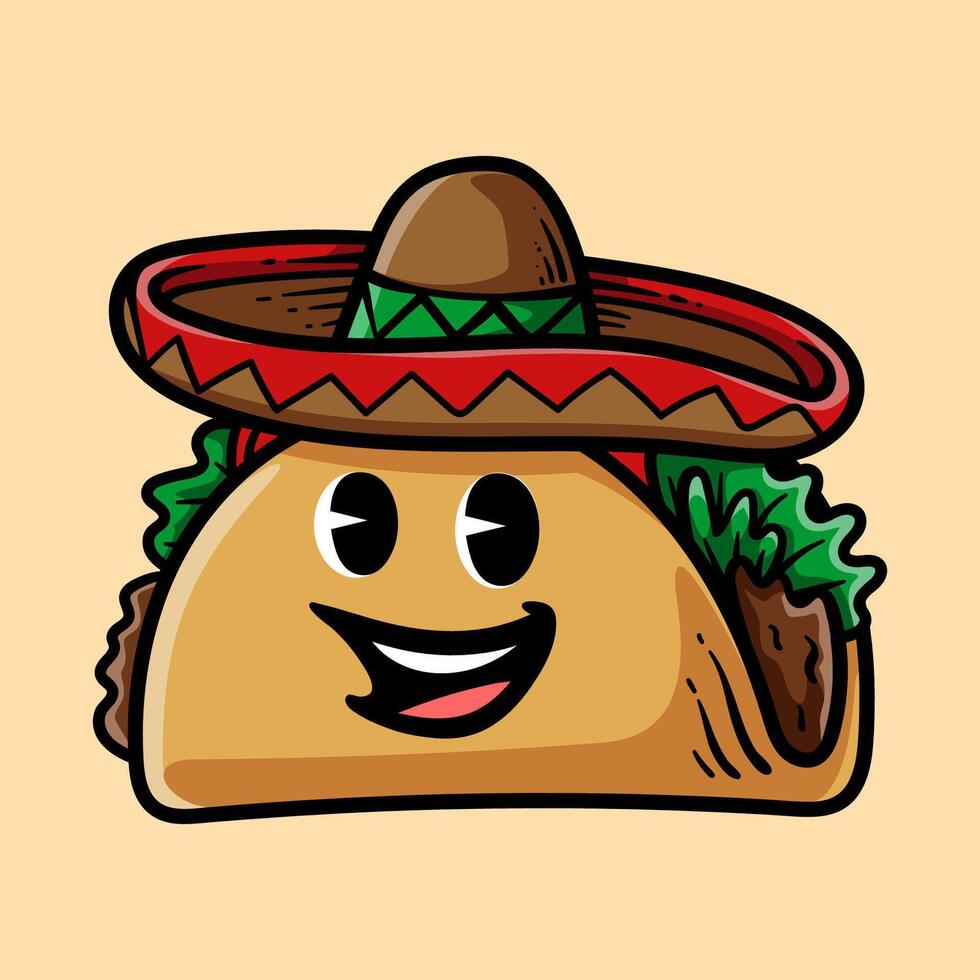 funny cartoon character of taco wear sombrero hat isolated colored drawing line art style sketch classic vintage design illustration vector