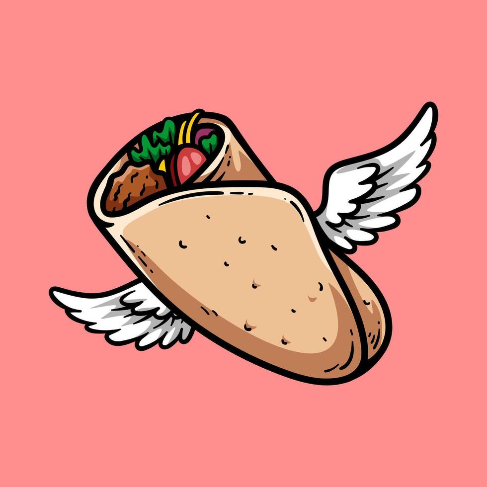 flying big burrito isolated colored drawing line art style sketch classic vintage design illustration vector