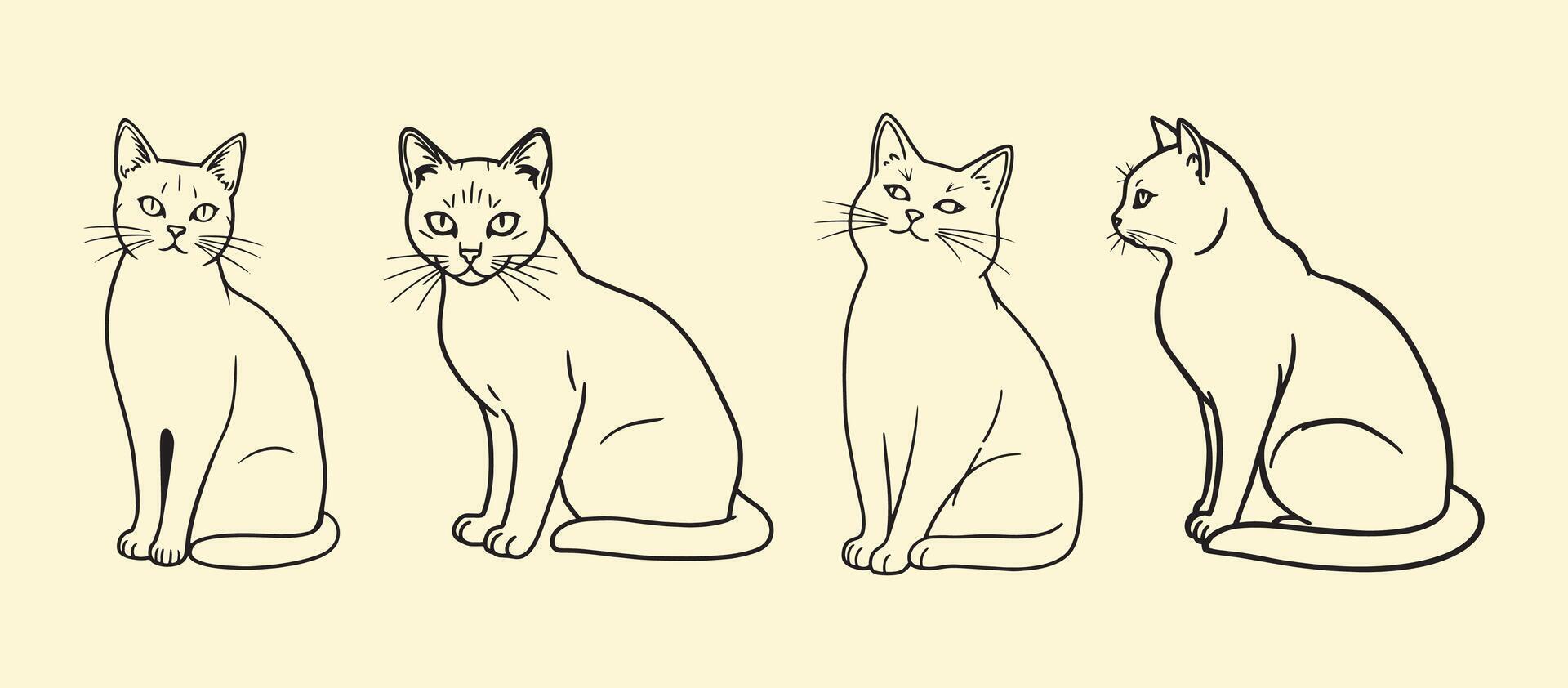 Four line drawings depict different sitting positions of cats, each with unique facial expressions. The simplicity emphasizes their postures and character. vector