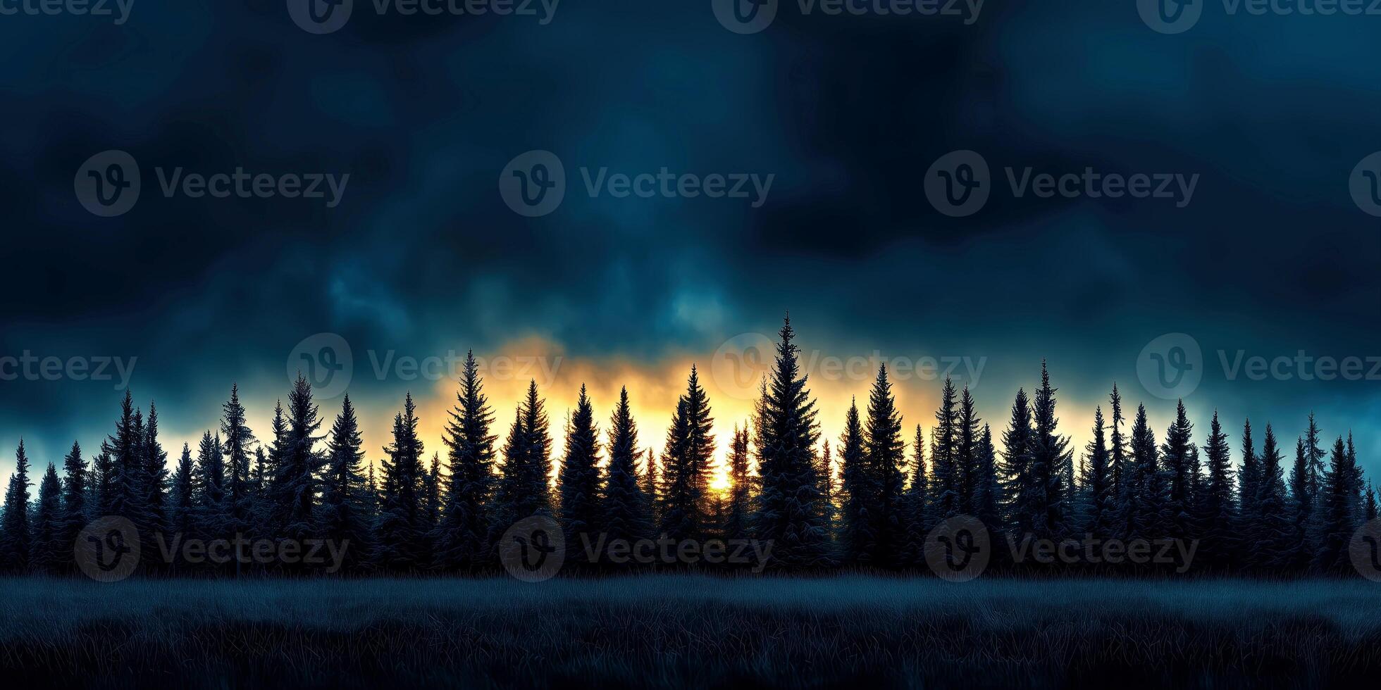 Dramatic Sunrise Behind Pine Forest, Moody Sky and Scenic Landscape. photo