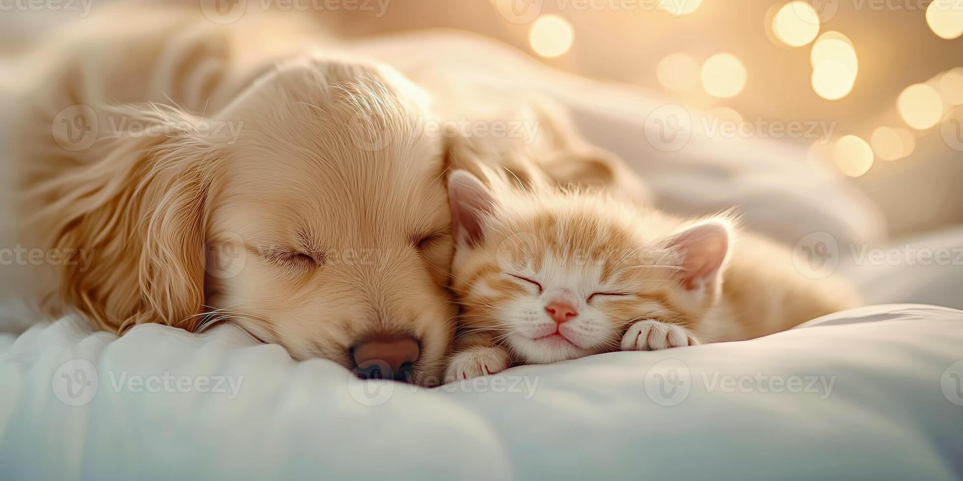 Adorable sleeping puppy and kitten cuddling on a soft white blanket. photo