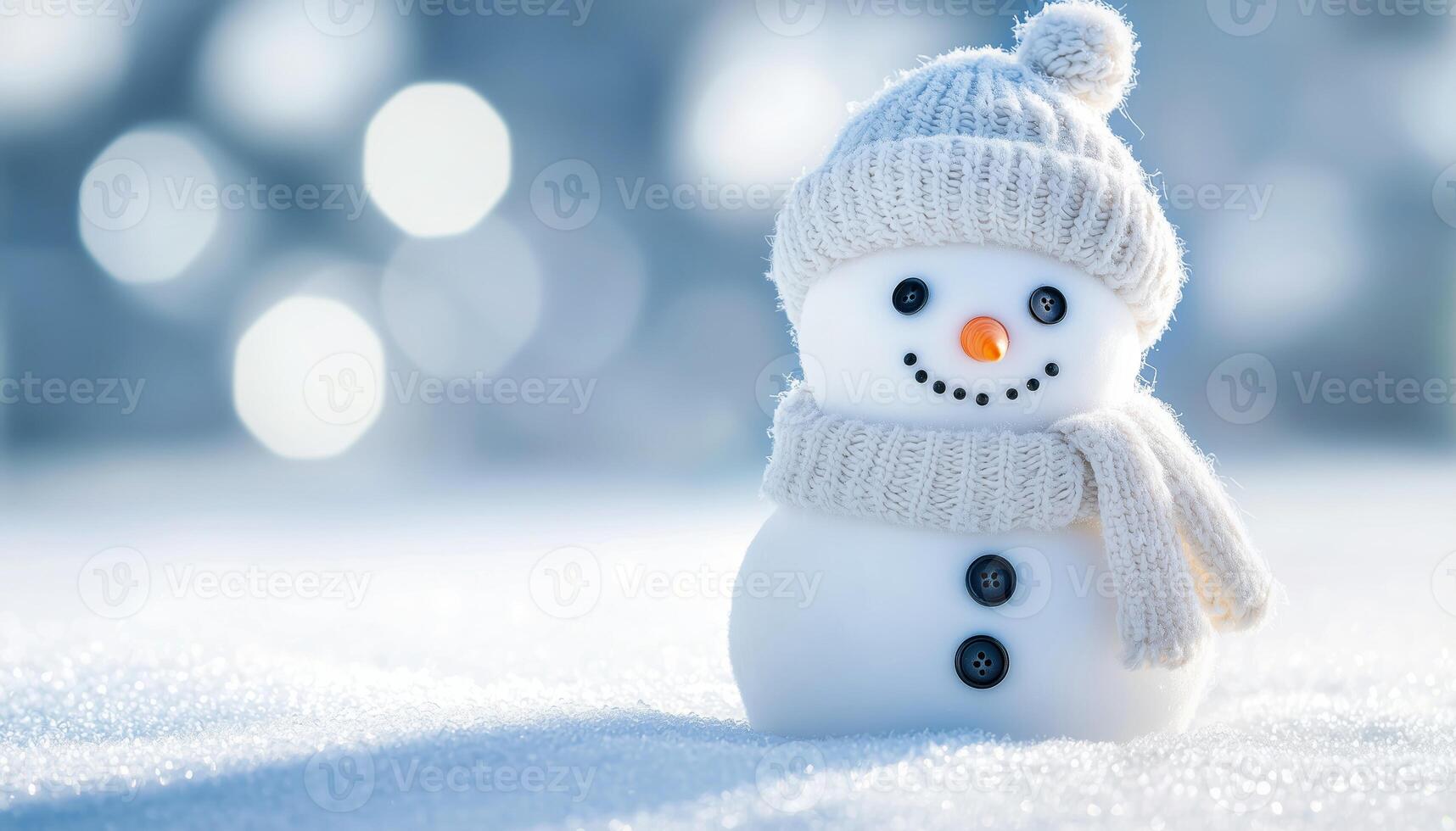 Cheerful Snowman with a Knitted Hat and Scarf on a Winter Day.Cute Snowman Smiling in the Snow with a Cozy Outfit. photo