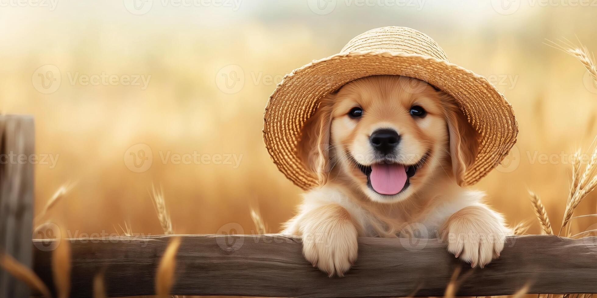 Adorable golden puppy wearing a straw hat leaning on a wooden fence in a sunny field. photo