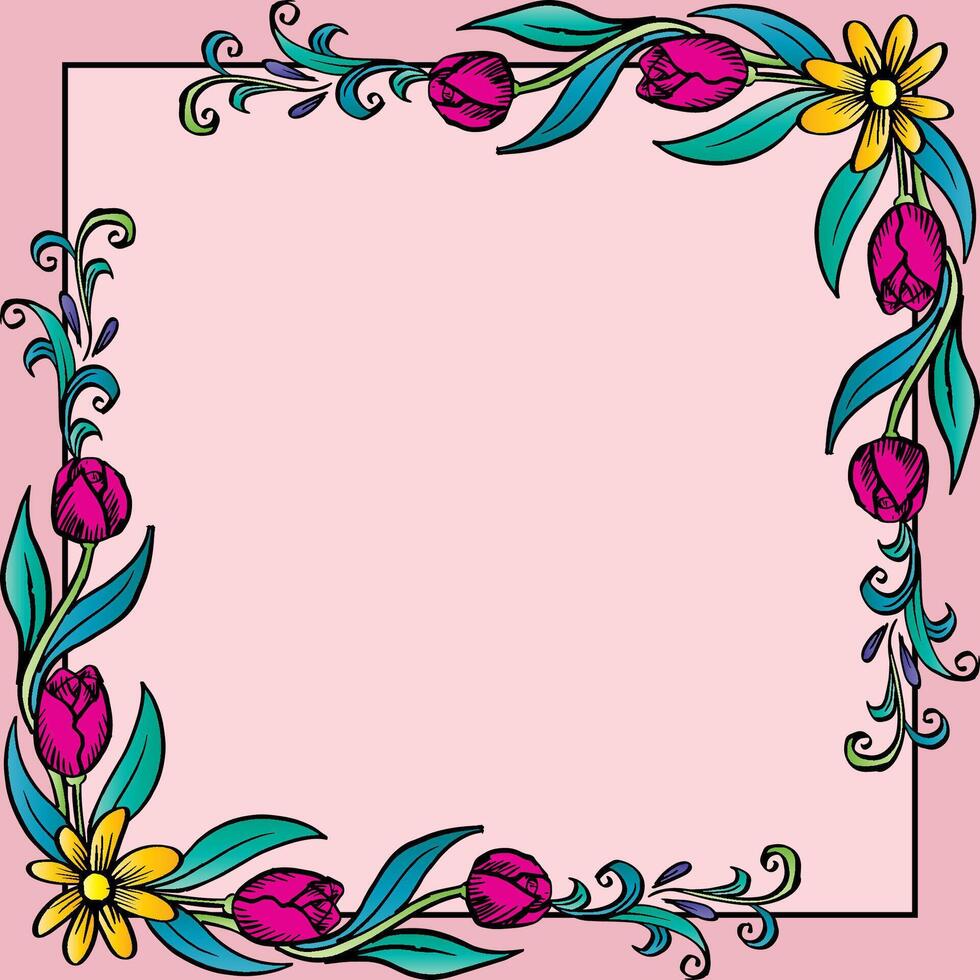 Hand drawn frame or border with colorful tulips flower. vector