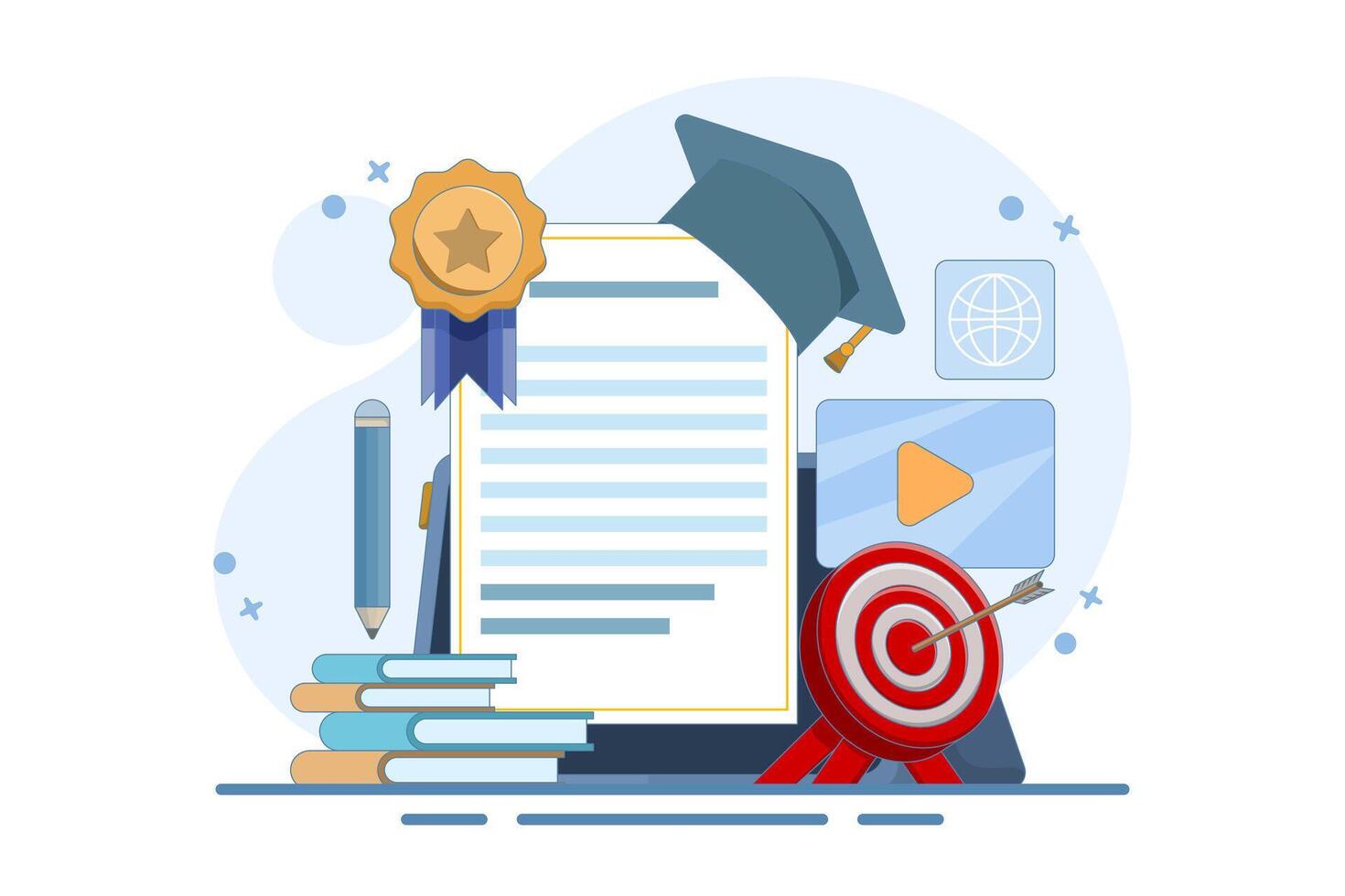 Online learning concept achieve educational goals in web environment beside computer screen with diploma. self development. Skills improvement. Flat illustration landing page template design. vector