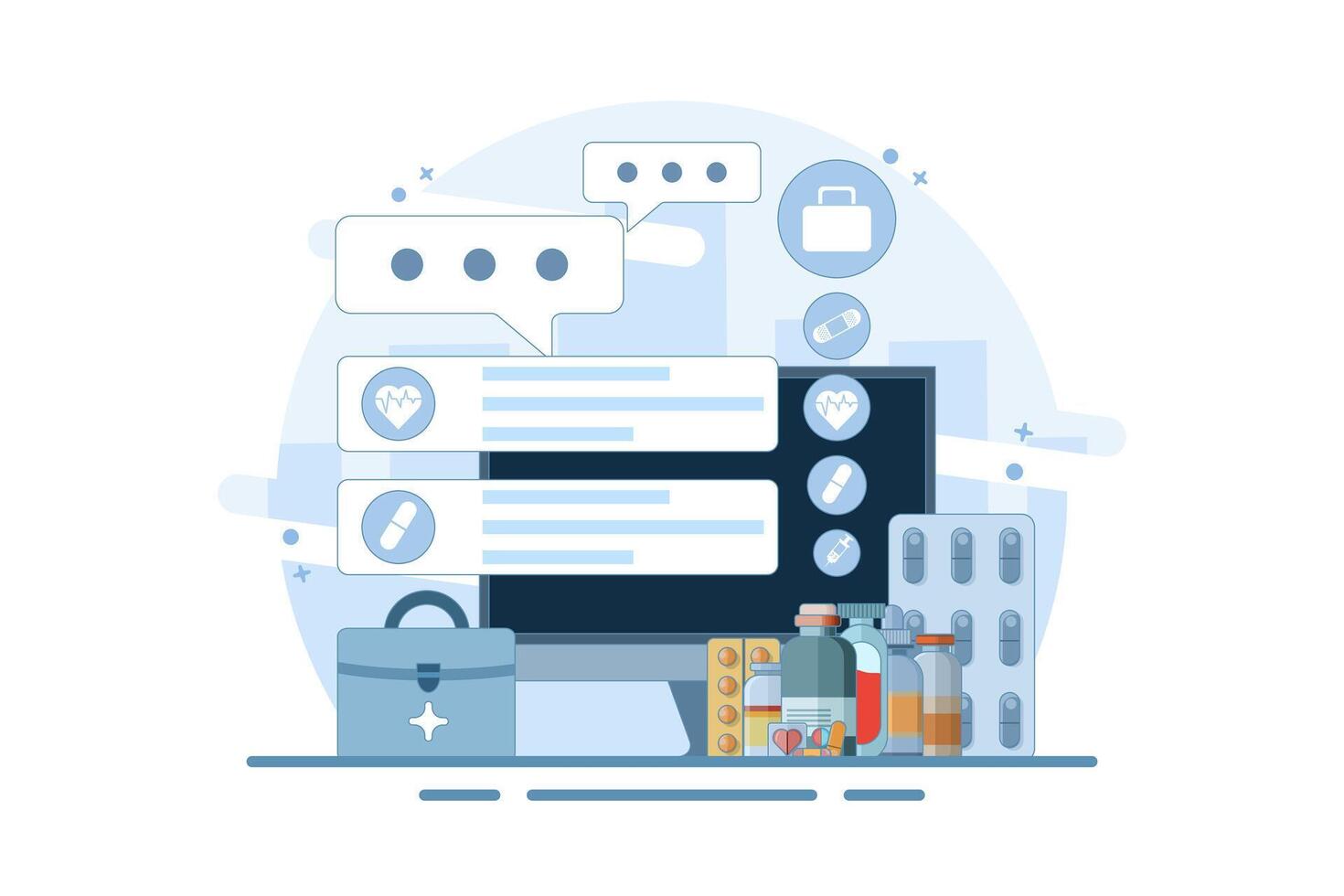 Online health telemedicine concept. Online medical consultation and healthcare services via internet clinic mobile application connected to computer. Online doctor consultation. Flat illustration. vector