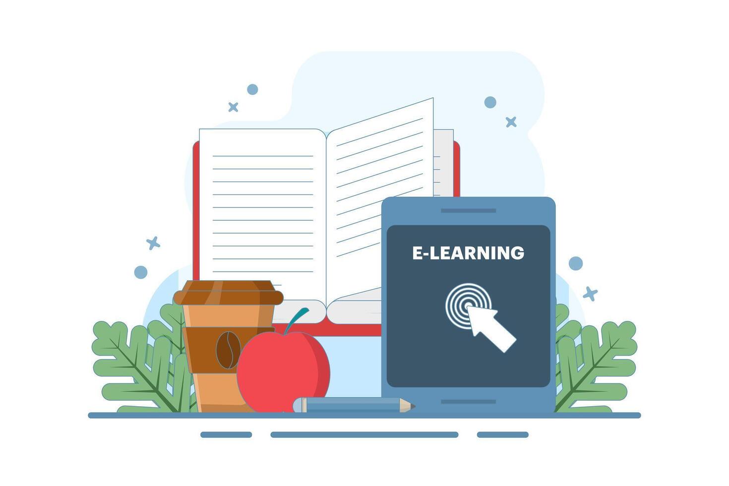 Online education concept, smart devices, open book, Apple, digital marketing. Gaining knowledge to achieve success and better ideas. Online education or business training. illustration. vector