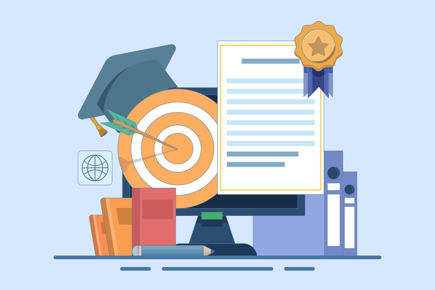 Online learning concept achieve educational goals in web environment beside computer screen with diploma. self development. Skills improvement. Flat illustration landing page template design. vector