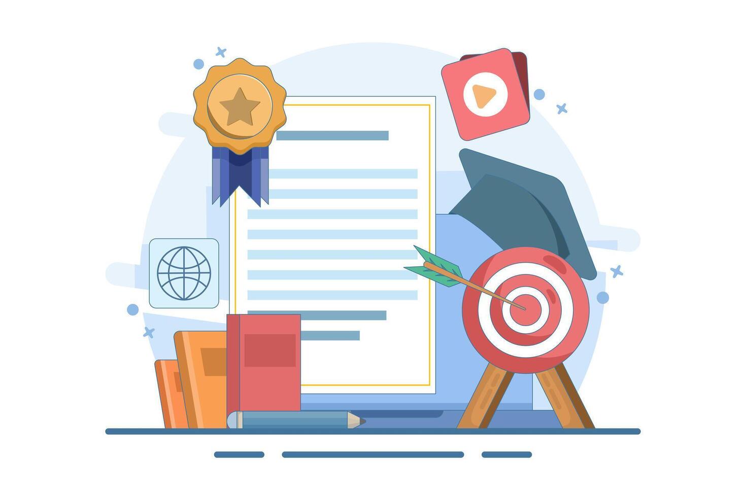 Online learning concept achieve educational goals in web environment beside computer screen with diploma. self development. Skills improvement. Flat illustration landing page template design. vector