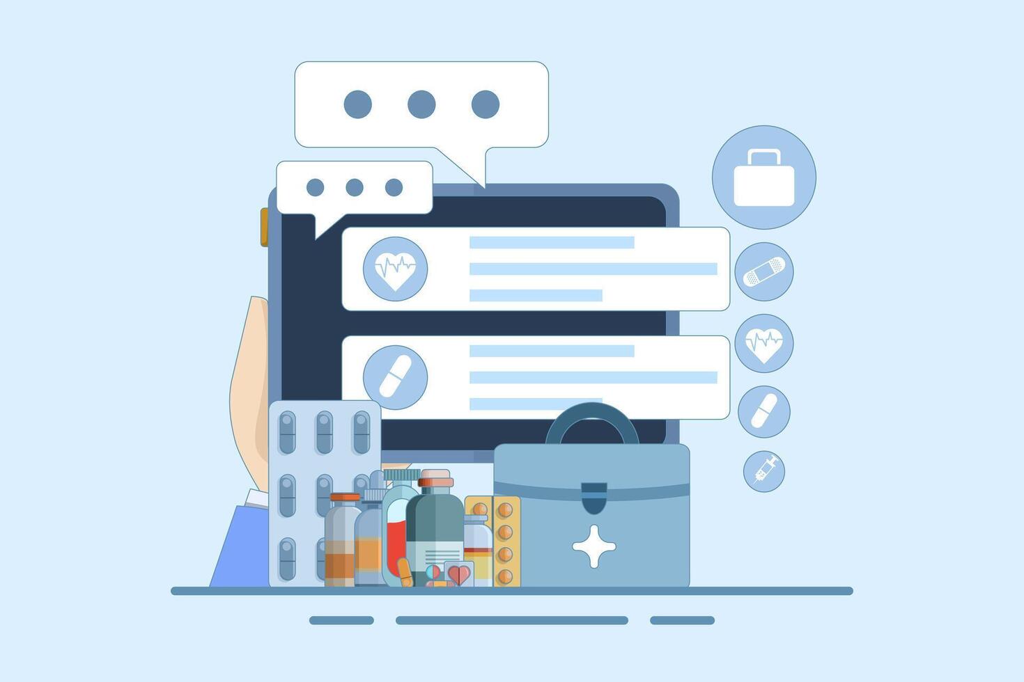 Online health telemedicine concept. Online medical consultation and healthcare services via internet clinic mobile application connected to computer. Online doctor consultation. Flat illustration. vector