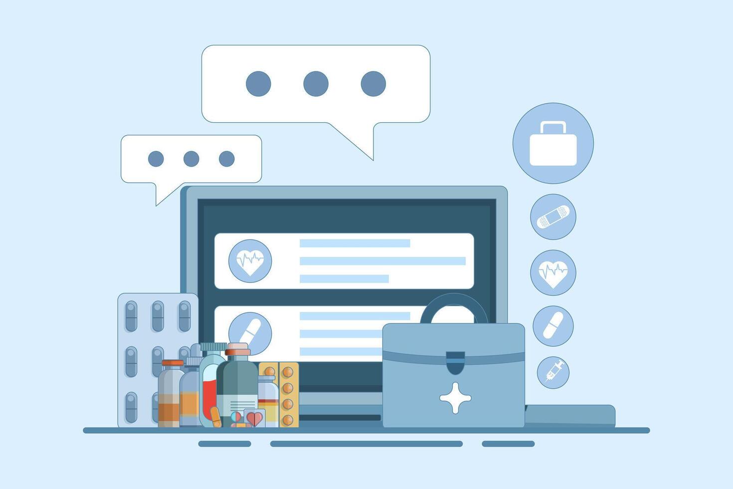 Online health telemedicine concept. Online medical consultation and healthcare services via internet clinic mobile application connected to computer. Online doctor consultation. Flat illustration. vector