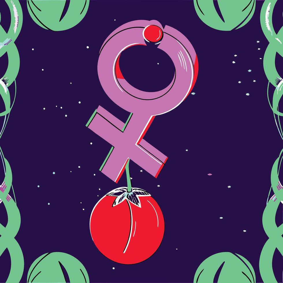 Female Symbol and Red Fruit Abstract Cosmic Design vector