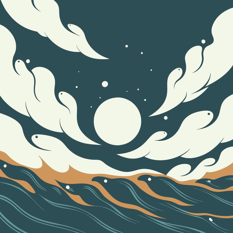 Abstract Moonlit Waves and Clouds vector