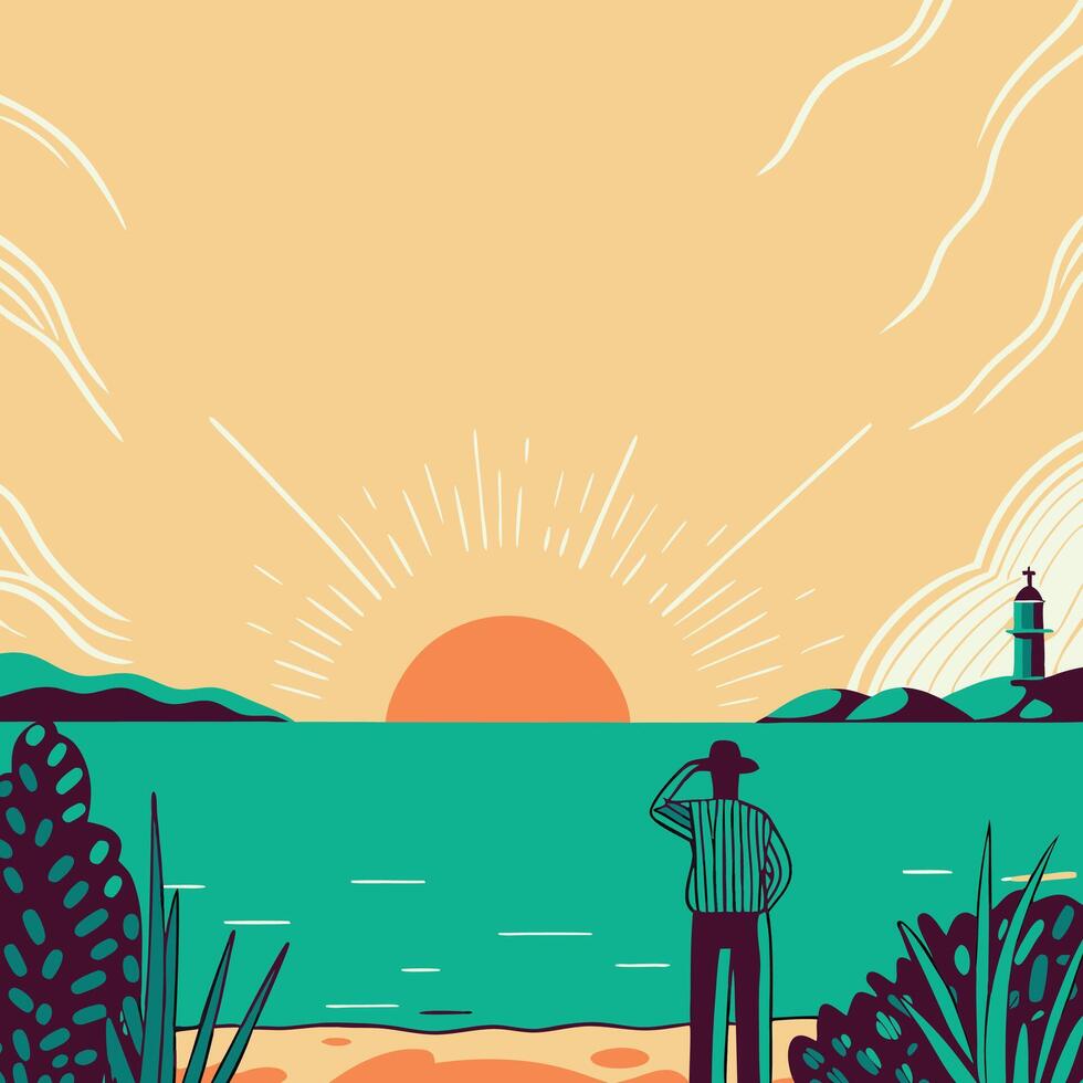 Ocean Sunset Seascape with Lighthouse and Person vector