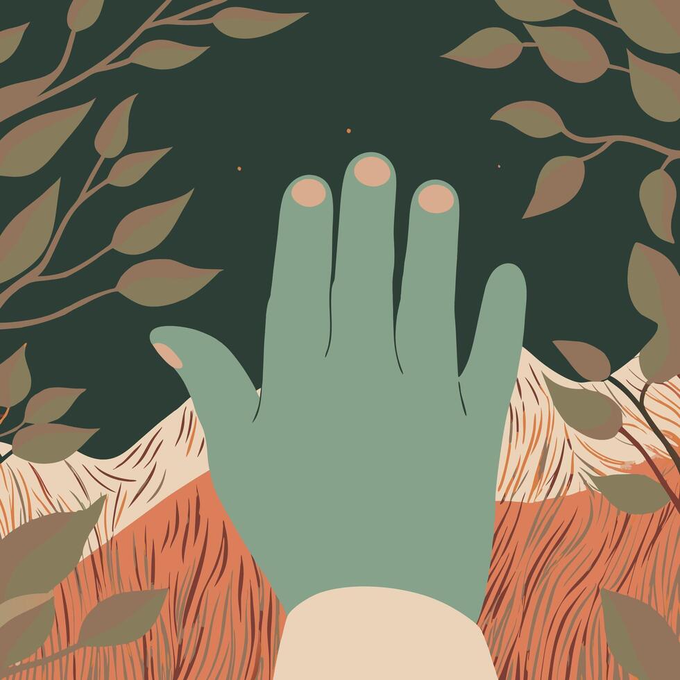 Abstract Hand Reaching Through Leaves vector