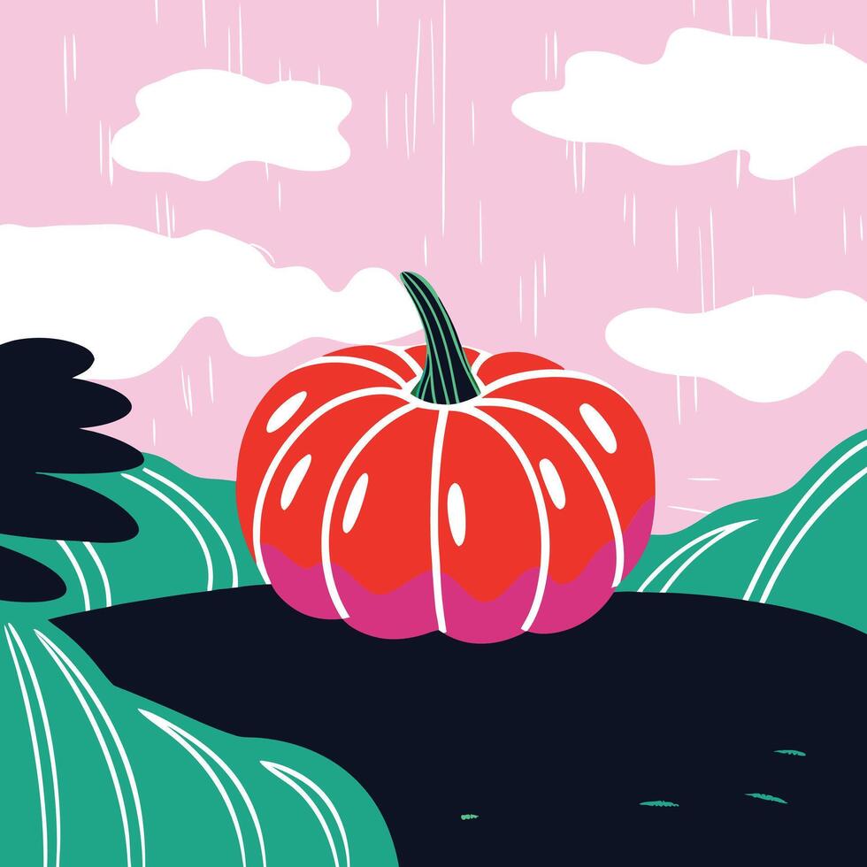 Autumn Harvest A Red Pumpkin in a Pink Sky vector