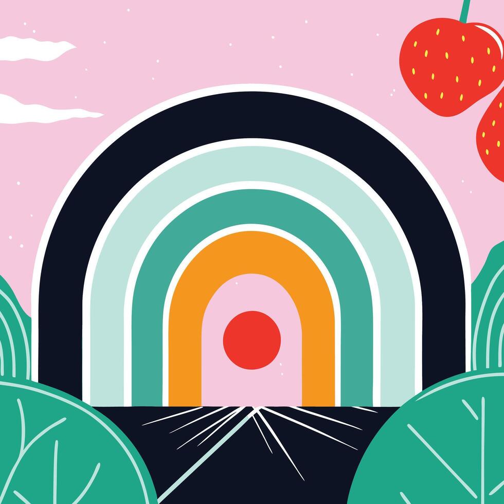 Abstract Rainbow Arch Landscape with Sun and Leaves vector