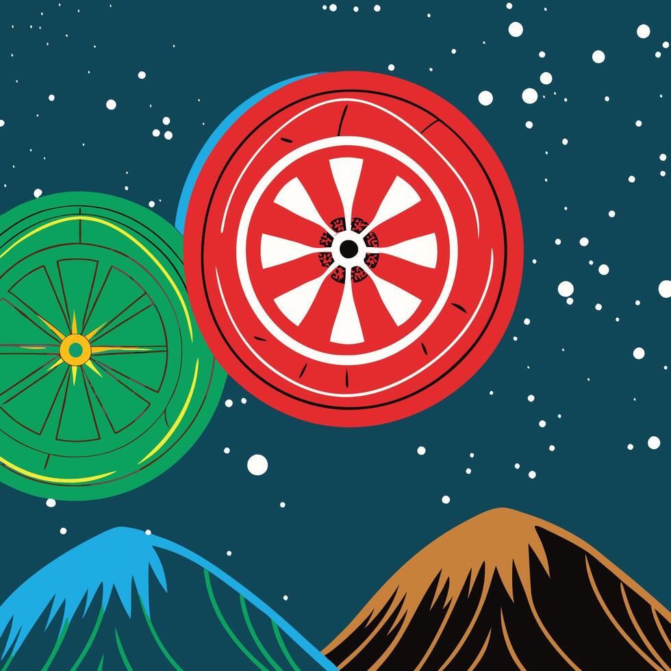 Abstract Celestial Landscape with Geometric Wheels vector