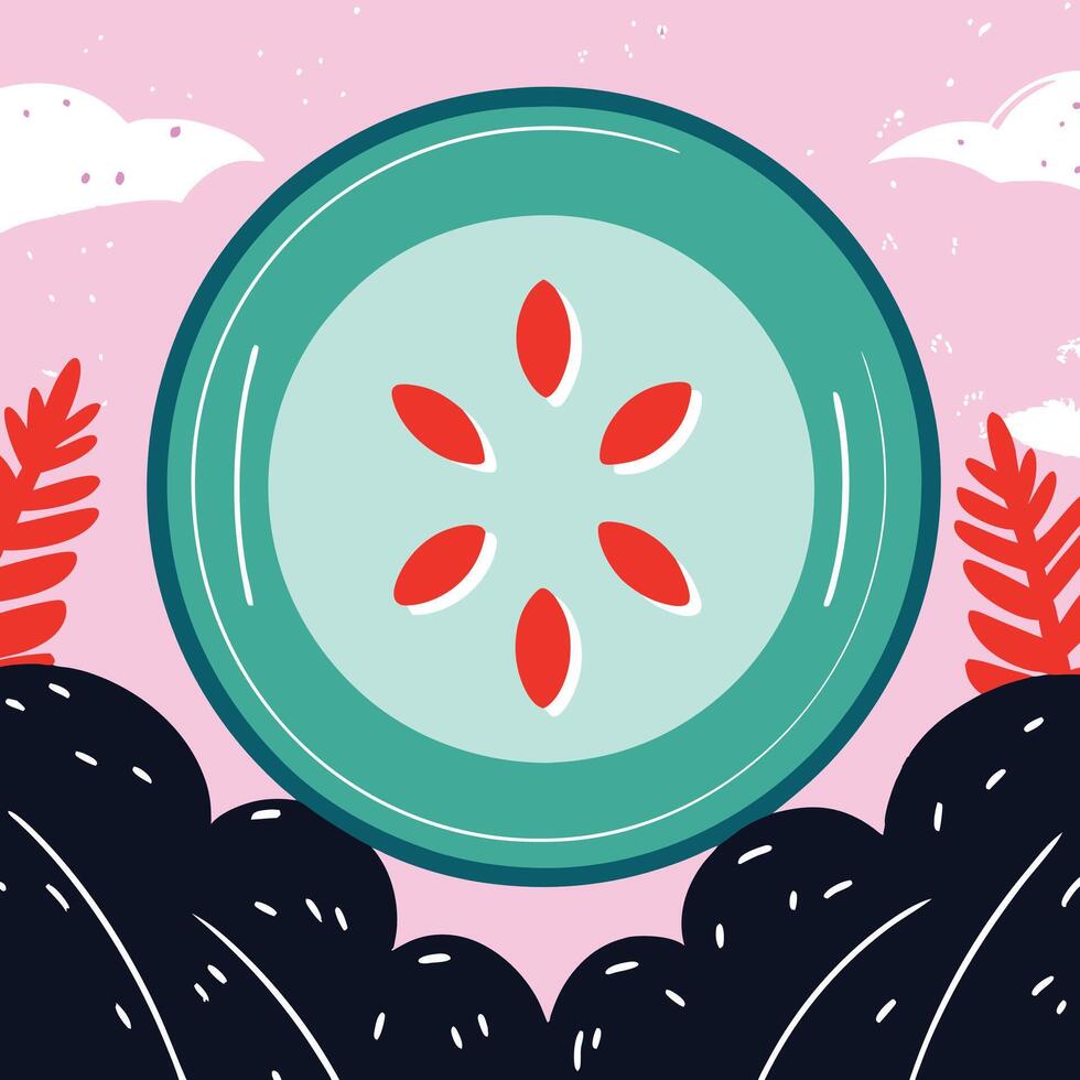 Abstract Art Green Circle, Red Seeds, Pink Background vector