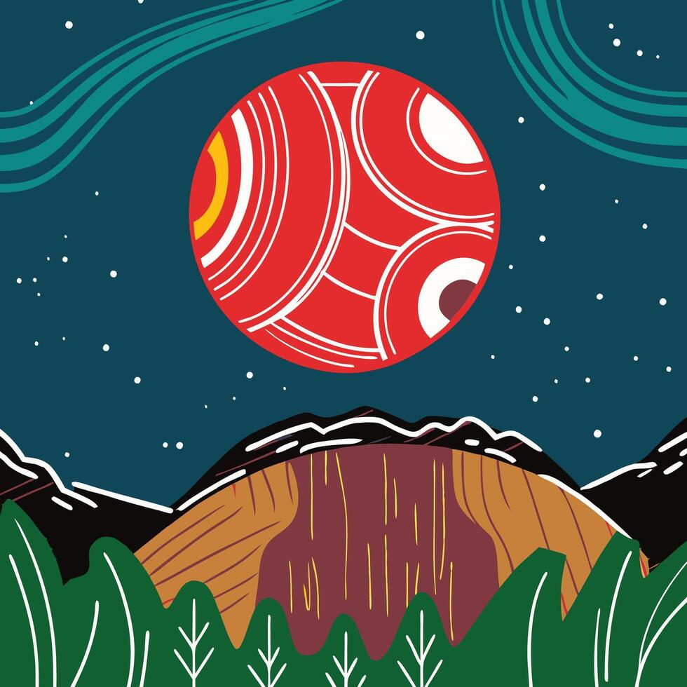Red Planet Over Mountains at Night vector