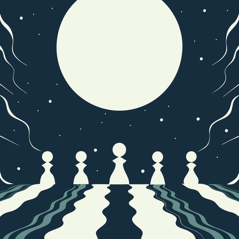 Abstract Night Scene Five Figures Under the Moon vector