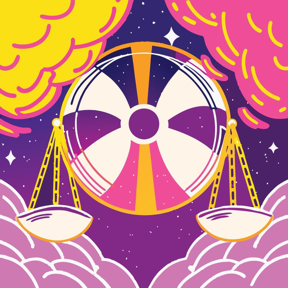 Cosmic Balance Abstract Art with Scales and Celestial Symbol vector
